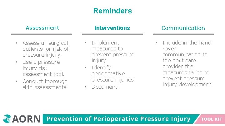 Reminders Assessment • • • Assess all surgical patients for risk of pressure injury.