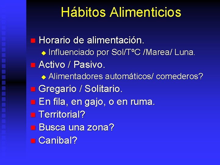 Hábitos Alimenticios n Horario de alimentación. u n Influenciado por Sol/TºC /Marea/ Luna. Activo