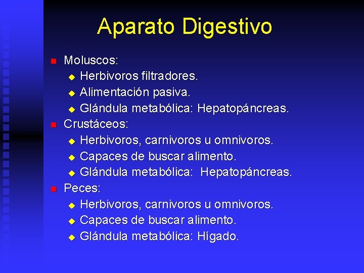 Aparato Digestivo n n n Moluscos: u Herbivoros filtradores. u Alimentación pasiva. u Glándula
