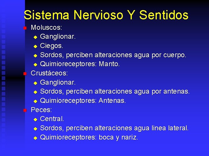 Sistema Nervioso Y Sentidos n n n Moluscos: u Ganglionar. u Ciegos. u Sordos,