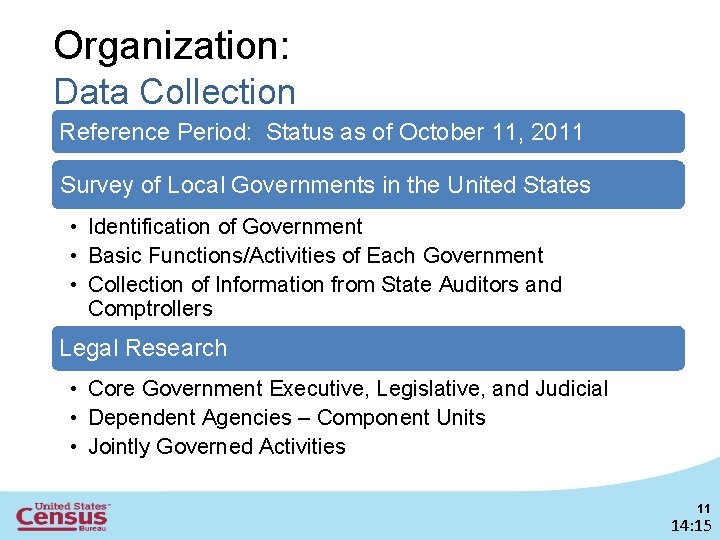 Organization: Data Collection Reference Period: Status as of October 11, 2011 Survey of Local
