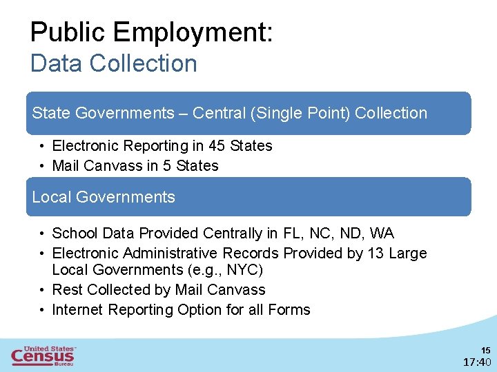 Public Employment: Data Collection State Governments – Central (Single Point) Collection • Electronic Reporting