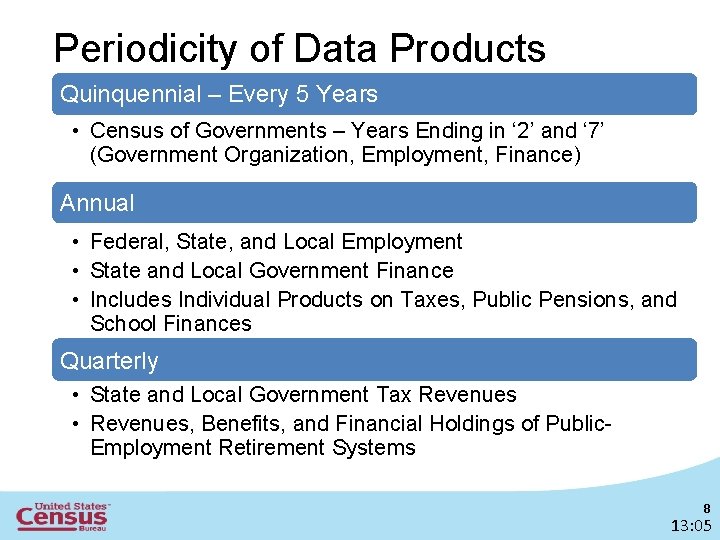Periodicity of Data Products Quinquennial – Every 5 Years • Census of Governments –