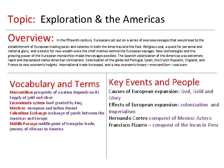 Topic: Exploration & the Americas Overview: In the fifteenth century, Europeans set out on