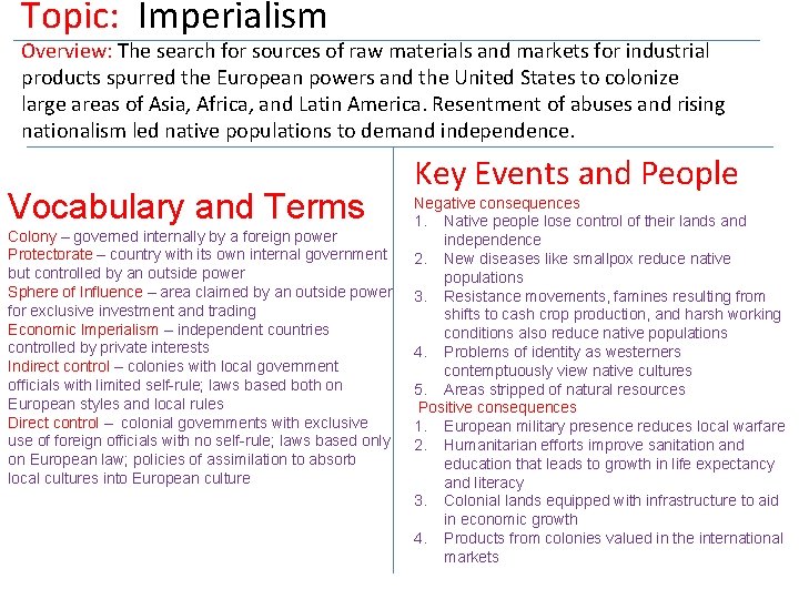 Topic: Imperialism Overview: The search for sources of raw materials and markets for industrial