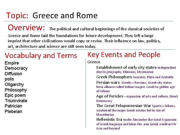 Topic: Greece and Rome Overview: The political and cultural beginnings of the classical societies