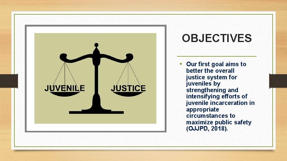 OBJECTIVES • Our first goal aims to better the overall justice system for juveniles