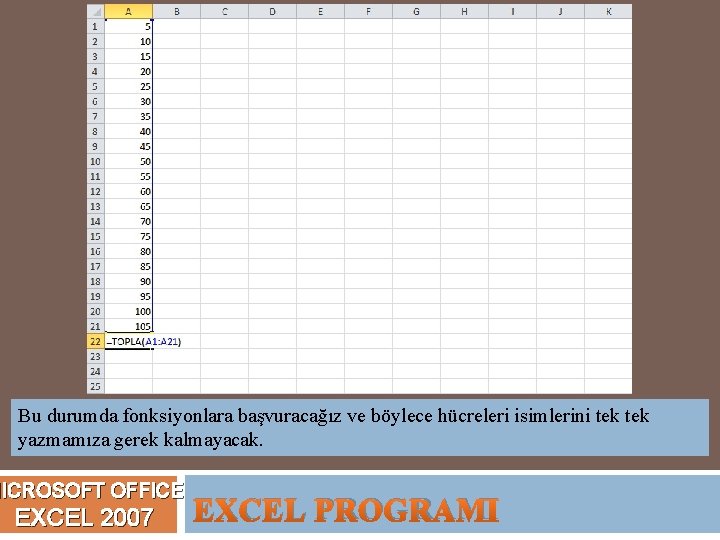 Bu durumda fonksiyonlara başvuracağız ve böylece hücreleri isimlerini tek yazmamıza gerek kalmayacak. MICROSOFT OFFICE