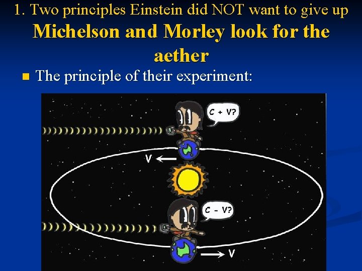 1. Two principles Einstein did NOT want to give up Michelson and Morley look