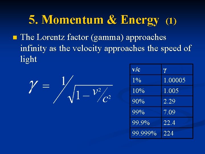 5. Momentum & Energy n (1) The Lorentz factor (gamma) approaches infinity as the