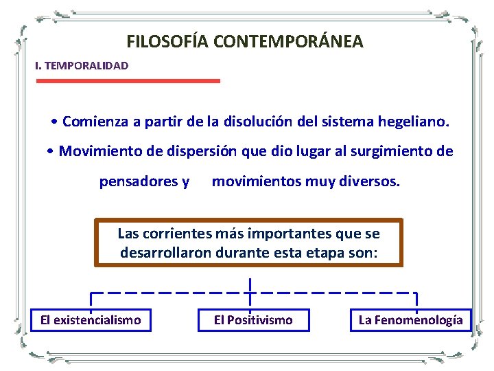 FILOSOFÍA CONTEMPORÁNEA I. TEMPORALIDAD • Comienza a partir de la disolución del sistema hegeliano.