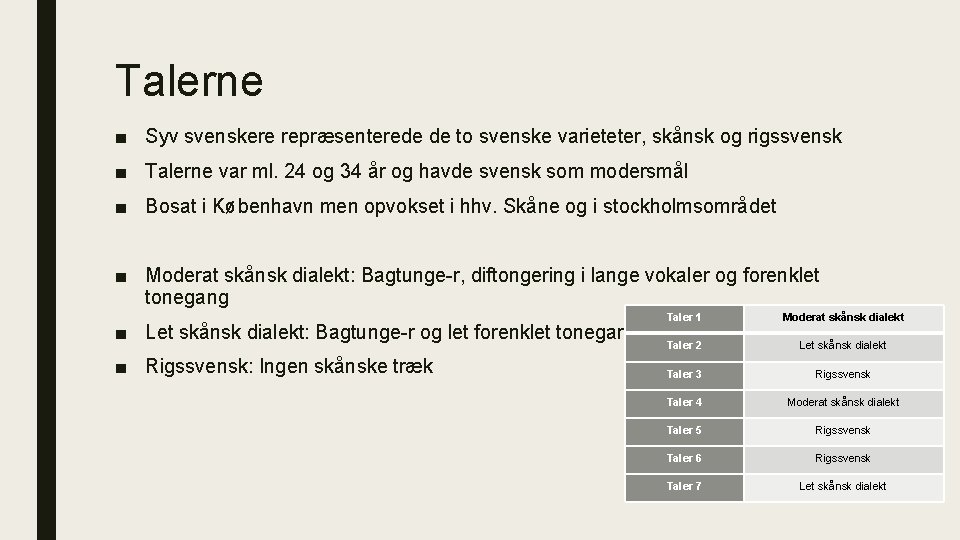 Talerne ■ Syv svenskere repræsenterede de to svenske varieteter, skånsk og rigssvensk ■ Talerne