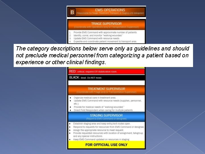 The category descriptions below serve only as guidelines and should not preclude medical personnel