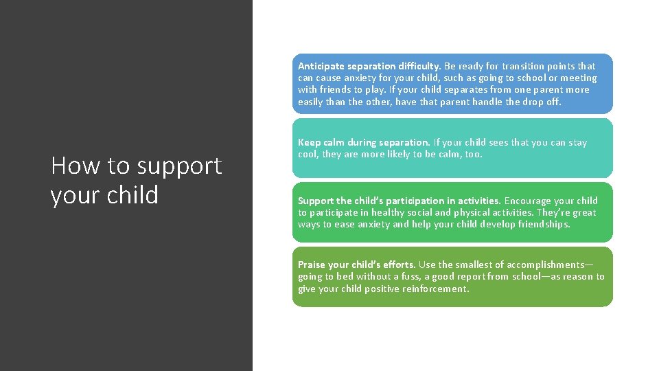 Anticipate separation difficulty. Be ready for transition points that can cause anxiety for your