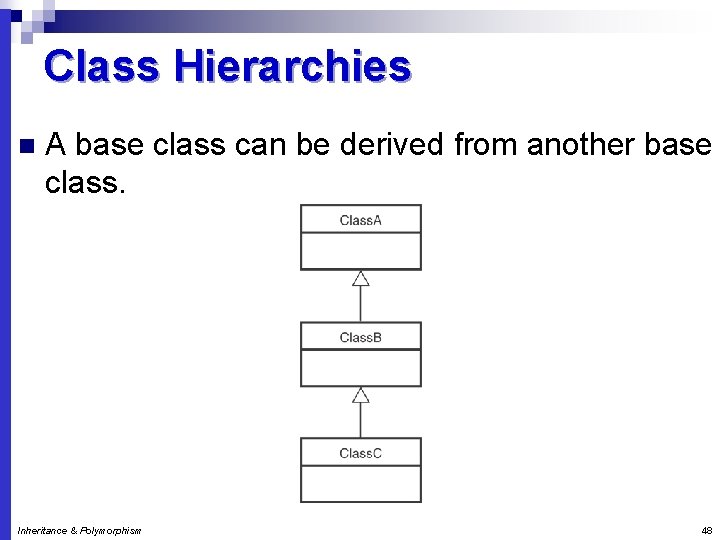 Class Hierarchies n A base class can be derived from another base class. Inheritance