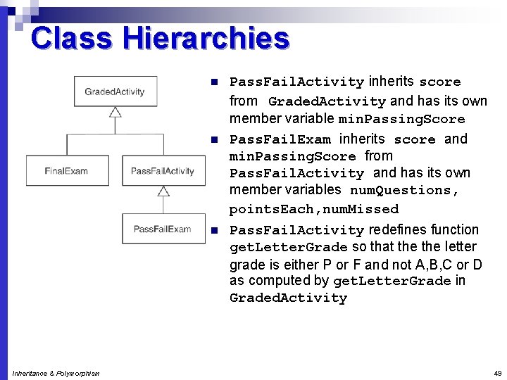 Class Hierarchies n n n Inheritance & Polymorphism Pass. Fail. Activity inherits score from