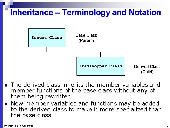 Inheritance – Terminology and Notation Insect Class Base Class (Parent) Grasshopper Class n n