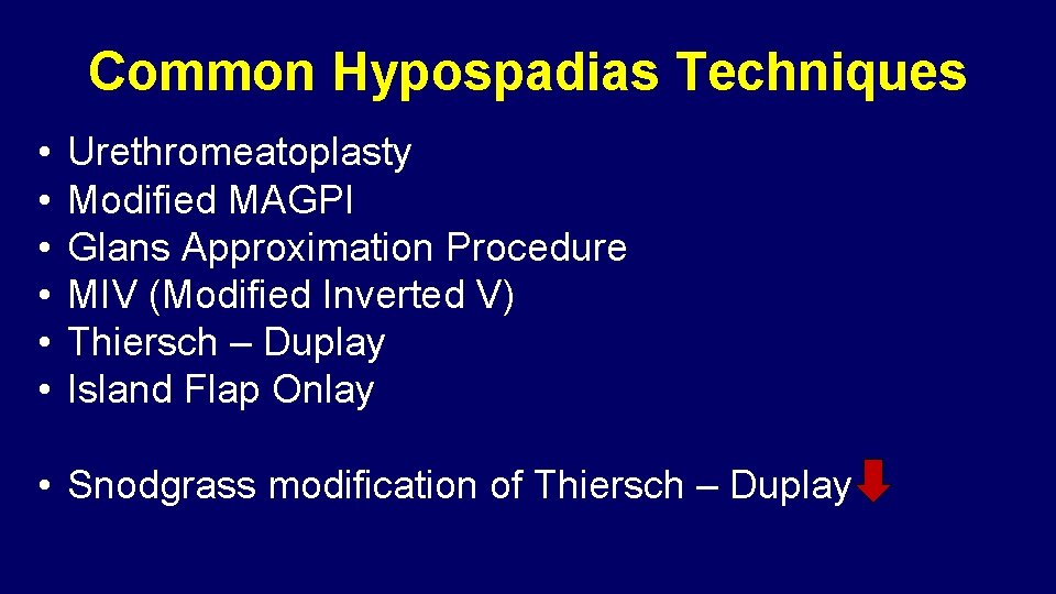 Common Hypospadias Techniques • • • Urethromeatoplasty Modified MAGPI Glans Approximation Procedure MIV (Modified Common Hypospadias Techniques • • • Urethromeatoplasty Modified MAGPI Glans Approximation Procedure MIV (Modified