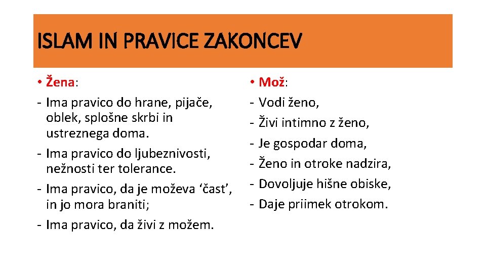 ISLAM IN PRAVICE ZAKONCEV • Žena: - Ima pravico do hrane, pijače, oblek, splošne ISLAM IN PRAVICE ZAKONCEV • Žena: - Ima pravico do hrane, pijače, oblek, splošne
