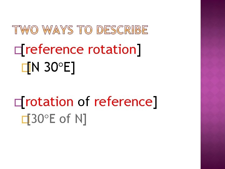 �[reference �[N rotation] 30 E] �[rotation �[30 E of reference] of N] 
