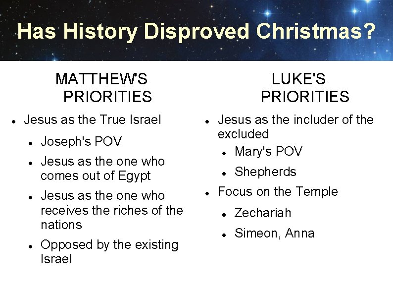 Has History Disproved Christmas? MATTHEW'S PRIORITIES Jesus as the True Israel LUKE'S PRIORITIES Joseph's