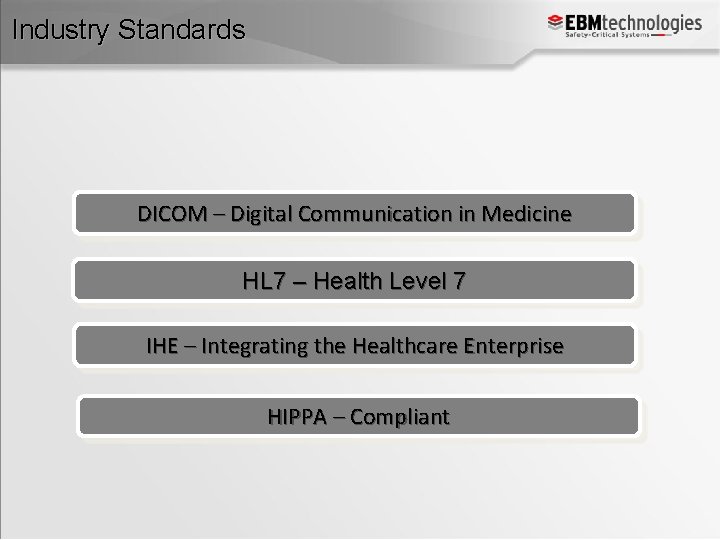 Industry Standards DICOM – Digital Communication in Medicine HL 7 – Health Level 7