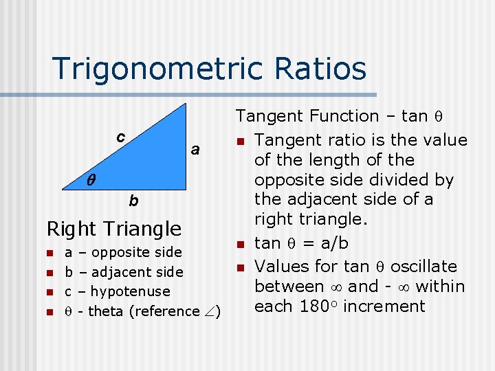 Trigonometric Ratios Tangent Function – tan c n Tangent ratio is the value a