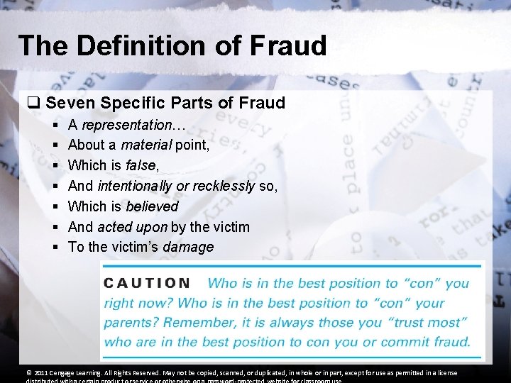 The Definition of Fraud q Seven Specific Parts of Fraud § § § §
