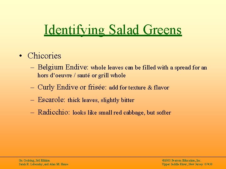 Identifying Salad Greens • Chicories – Belgium Endive: whole leaves can be filled with
