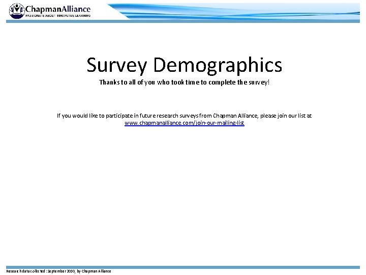 Survey Demographics Thanks to all of you who took time to complete the survey!