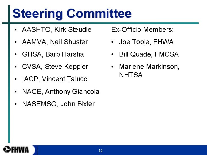 Steering Committee • AASHTO, Kirk Steudle Ex-Officio Members: • AAMVA, Neil Shuster • Joe