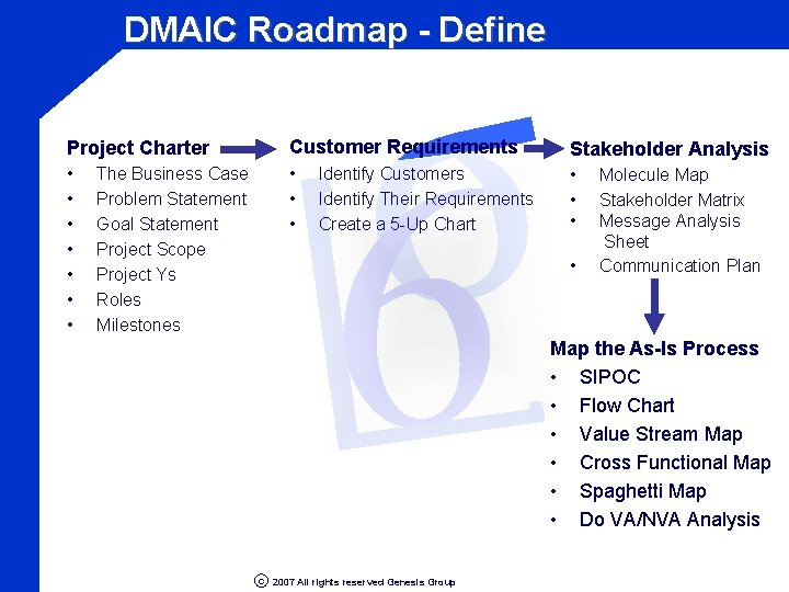 σ 6 DMAIC Roadmap - Define Project Charter Customer Requirements Stakeholder Analysis • •