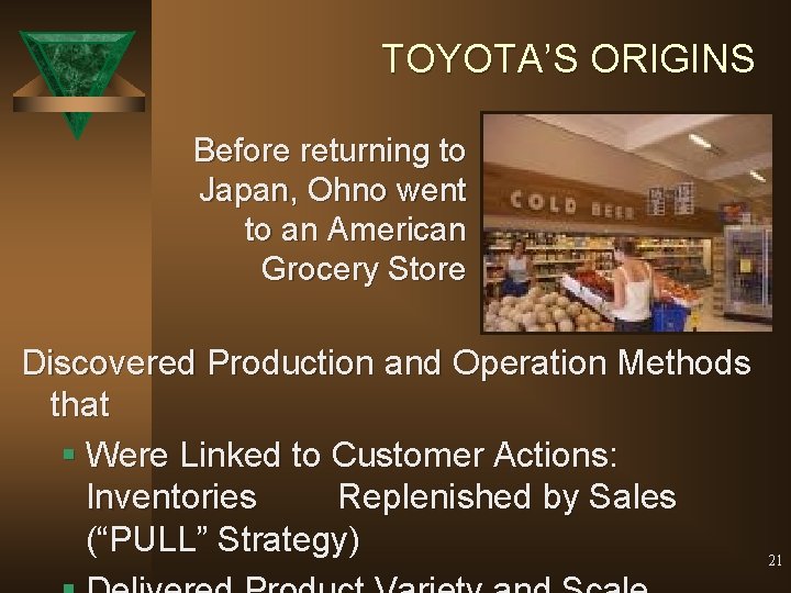 TOYOTA’S ORIGINS Before returning to Japan, Ohno went to an American Grocery Store Discovered