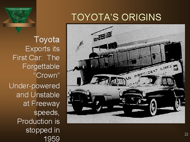 TOYOTA’S ORIGINS Toyota Exports its First Car: The Forgettable “Crown” Under-powered and Unstable at