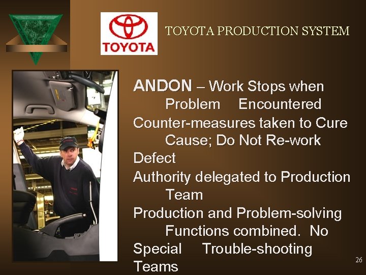 TOYOTA PRODUCTION SYSTEM ANDON – Work Stops when Problem Encountered Counter-measures taken to Cure