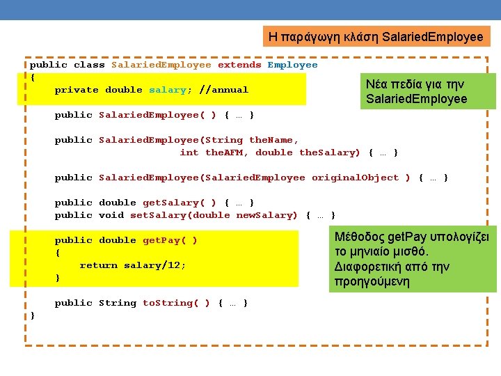 Η παράγωγη κλάση Salaried. Employee public class Salaried. Employee extends Employee { private double