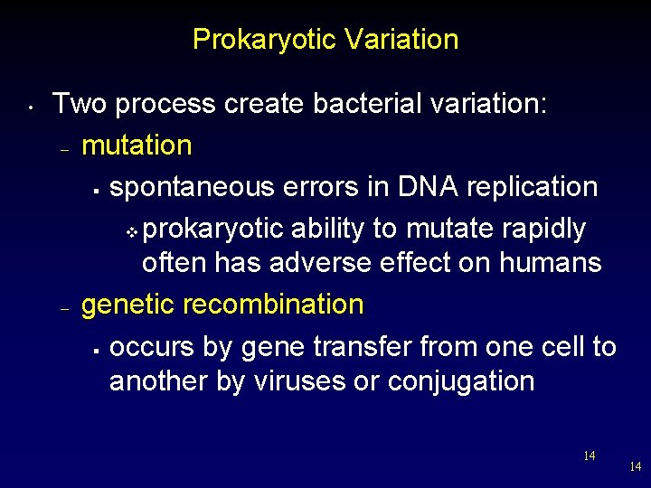 Prokaryotic Variation • Two process create bacterial variation: – mutation § spontaneous errors in