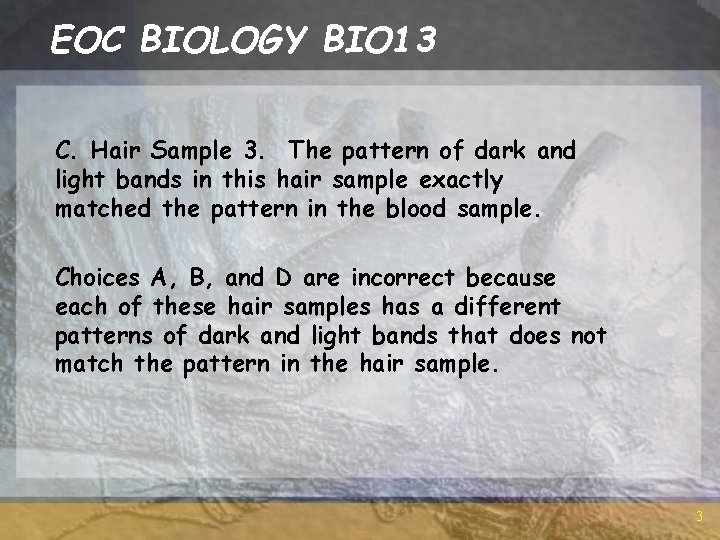 EOC BIOLOGY BIO 13 C. Hair Sample 3. The pattern of dark and light