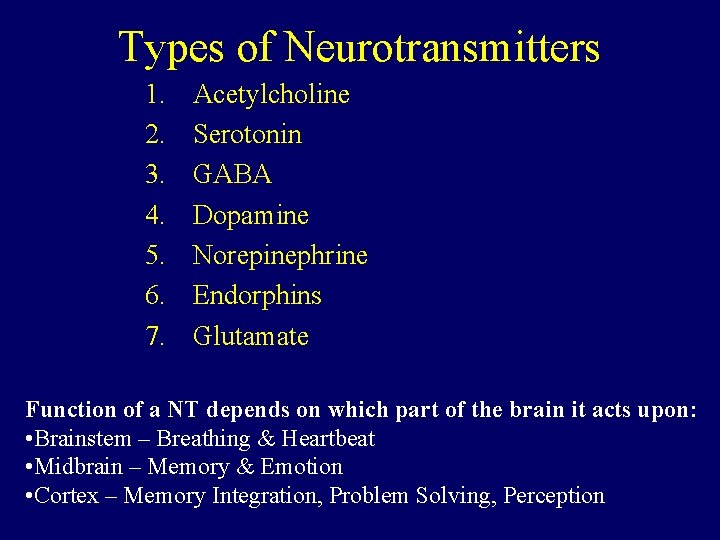 Types of Neurotransmitters 1. 2. 3. 4. 5. 6. 7. Acetylcholine Serotonin GABA Dopamine