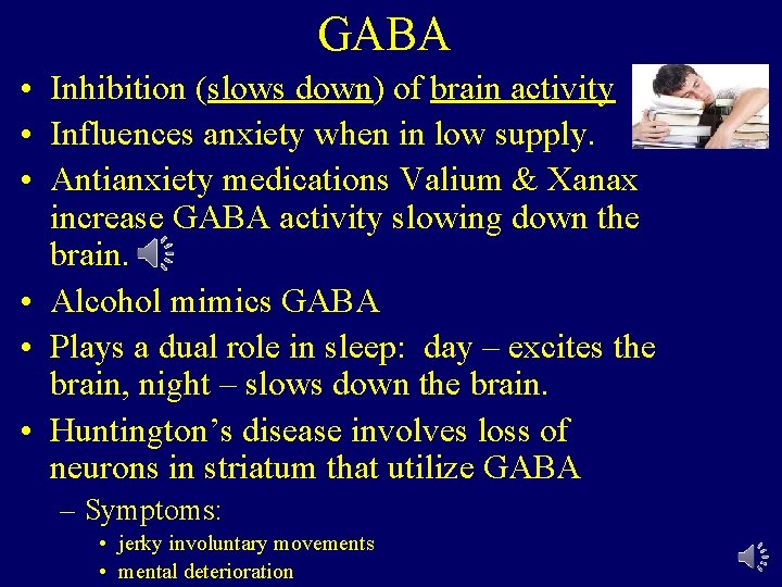 GABA • Inhibition (slows down) of brain activity • Influences anxiety when in low