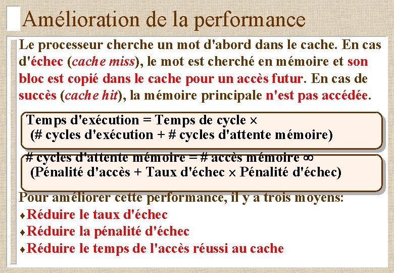 Amélioration de la performance Le processeur cherche un mot d'abord dans le cache. En