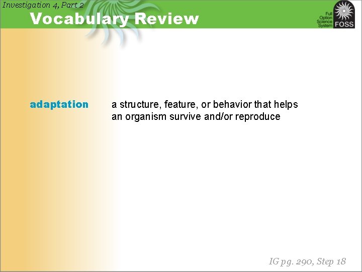 Investigation 4, Part 2 Vocabulary Review adaptation a structure, feature, or behavior that helps