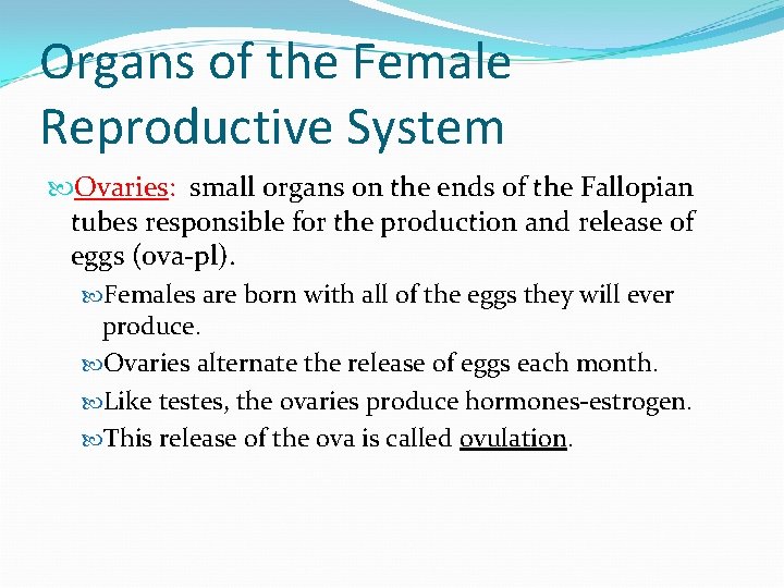 Organs of the Female Reproductive System Ovaries: small organs on the ends of the