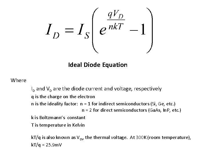 Ideal Diode Equation Where ID and VD are the diode current and voltage, respectively