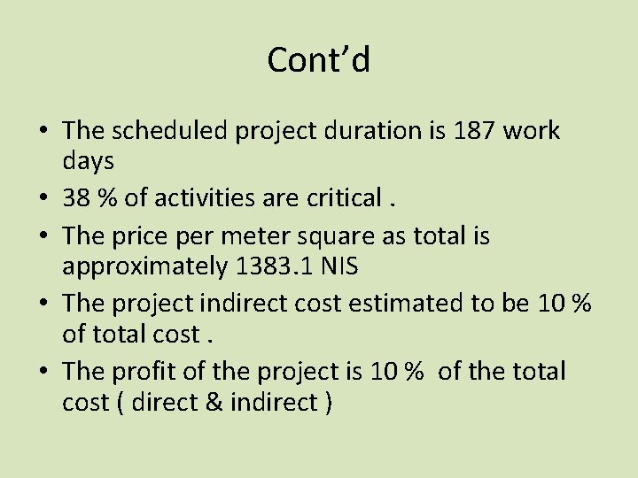 Cont’d • The scheduled project duration is 187 work days • 38 % of