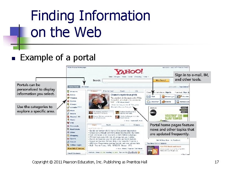 Finding Information on the Web n Example of a portal Copyright © 2011 Pearson