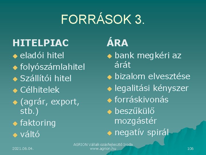 FORRÁSOK 3. HITELPIAC ÁRA eladói hitel u folyószámlahitel u Szállítói hitel u Célhitelek u