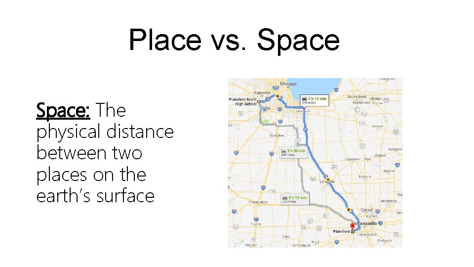 Place vs. Space: The physical distance between two places on the earth’s surface 