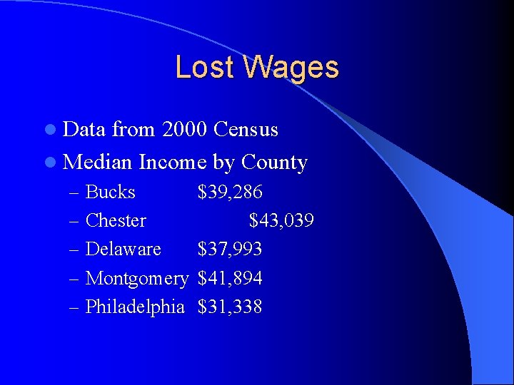 Lost Wages l Data from 2000 Census l Median Income by County – Bucks