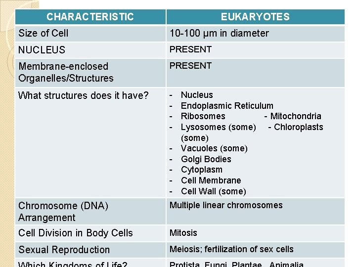 CHARACTERISTIC EUKARYOTES Size of Cell 10 -100 µm in diameter NUCLEUS PRESENT Membrane-enclosed Organelles/Structures